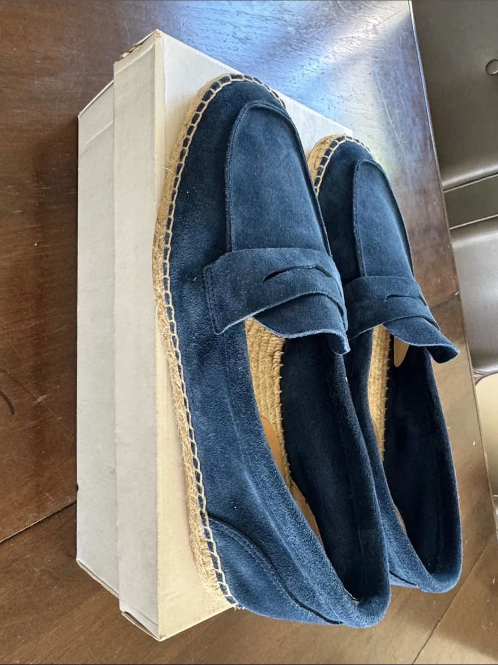 Reiss Navy Suede Penny Loafers with Espadrille Sole